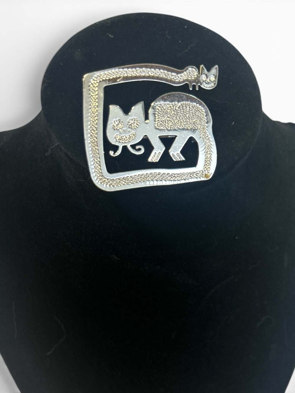 Vintage TBM Silver Tone Cat Brooch with Smaller Cat Detail